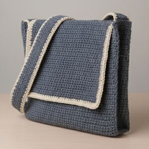 Woven Raffia Crossbody Bag Blue With White Trim Measures 12" L x 11" H x 2" W